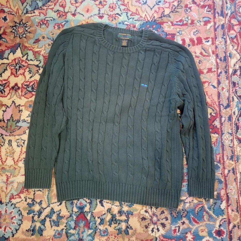 Alexander Julian Colours dark green 100% cotton cable-knit crewneck sweater L